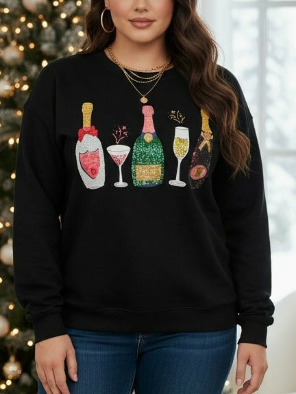Black Holiday Sequin Bottle embellised Sweatshirt - Women 3X